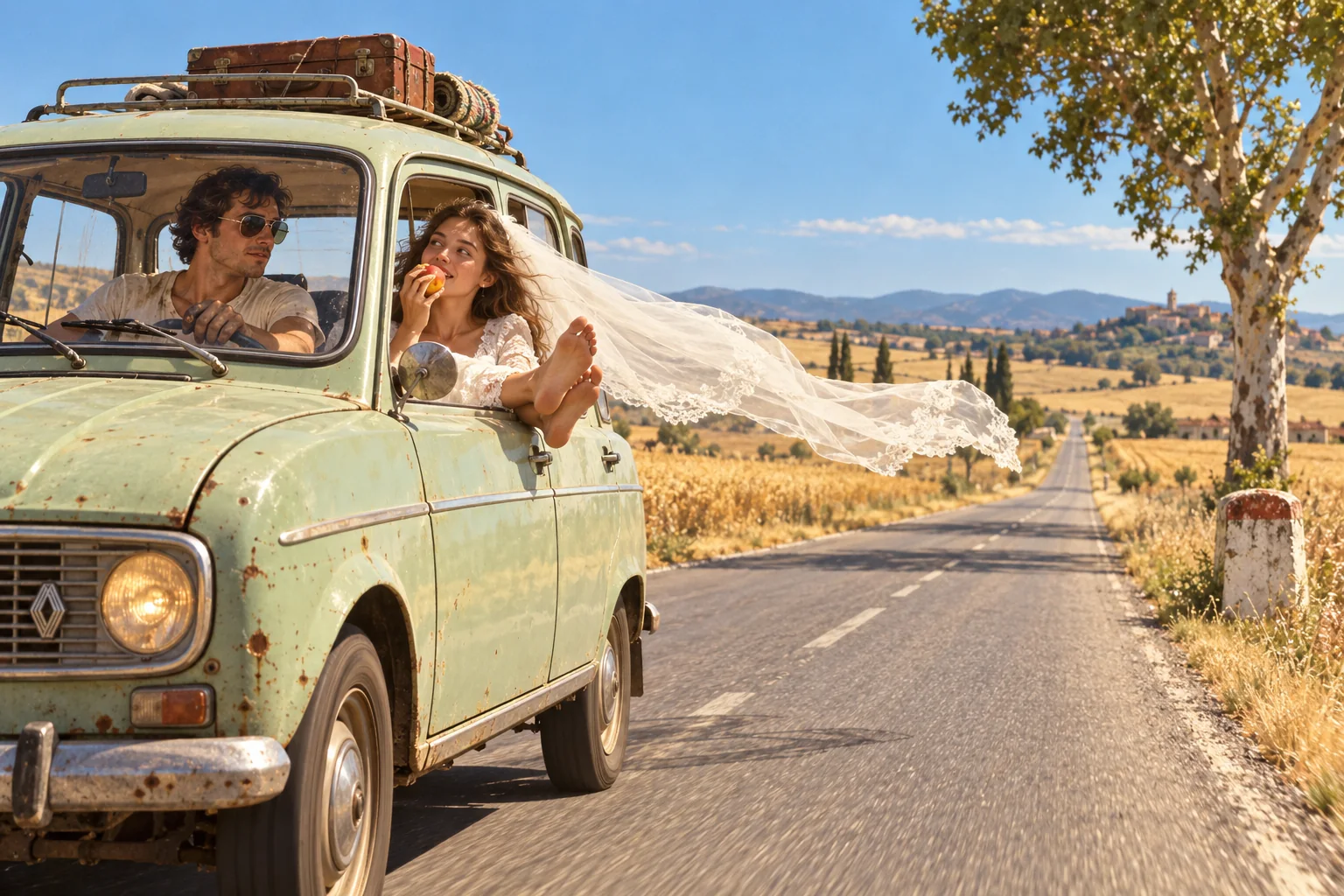 Sur une route de campagne, une vieille Renault 4 verte : au volant, un jeune homme à lunettes de soleil ; à la fenêtre, une jeune mariée en voile qui croque un fruit, pieds nus.